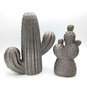 Pair Ceramic Cactus Figurines Silver Color Saguaro & Bunny Ears Cacti Southwest